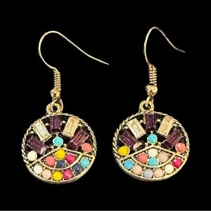 Artsy Colorful Dangle Earrings Gold Tone New